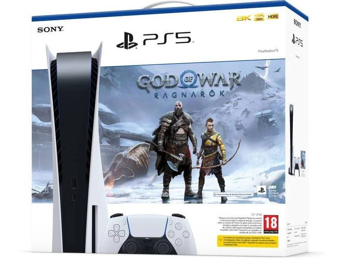 Consola - Sony PS5 Stand, 825 GB, 4K UHD Blu ray, Blanco + Juego God Of War: Ragnarok (código descarga)